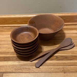 9 PIECE MCM BILLINGS MISSOURI BURL WALNUT WOOD SALAD BOWL SET